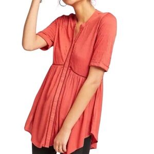 Akemi Kin Anthropologie Top Women Small Orange Button Crinkle Gauze Tunic Flowy